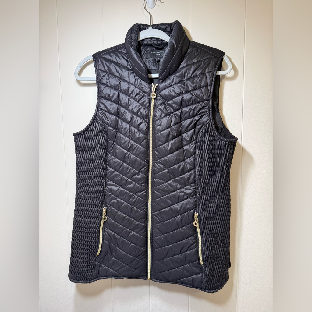 Marc New York Andrew Marc Quilted Puffer Vest Black Gold Zip Euc Medium